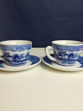 Antique Blue Willow Demitasse Coffee Tea Set Victoria Ironstone 2 Cups & Saucers